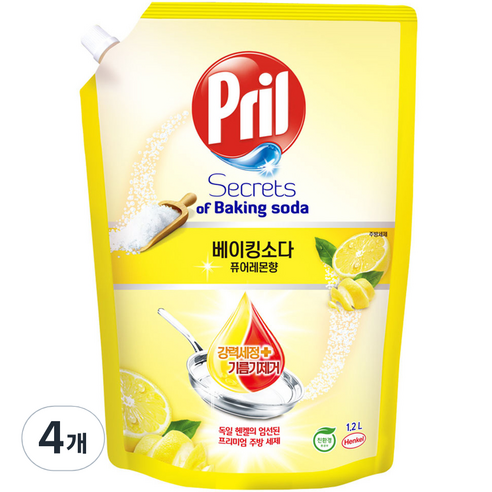 프릴 베이킹소다 세제 퓨어레몬향, 1.2L, 4개