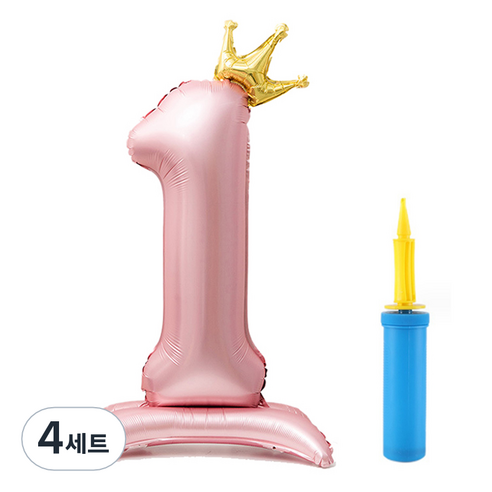 올리브파티 초대형 스탠딩 왕관 숫자 생일풍선 + 손펌프 세트, 핑크(숫자1), 4세트