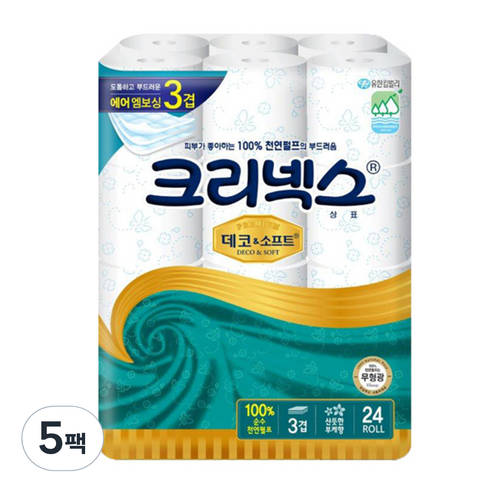 크리넥스 천연 펄프 데코 & 소프트 3겹 화장지 30m, 24롤, 5개