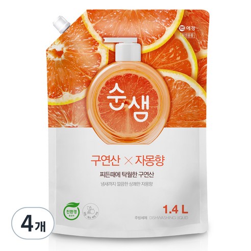 순샘 구연산 자몽 주방세제 리필, 1.4L, 4개