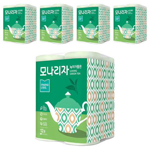모나리자 녹차가 좋은 천연펄프 3겹 고급롤화장지, 30m, 12개입, 5개