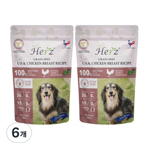 허즈 전연령 강아지 그레인프리 레시피 건조사료, 닭, 100g, 6개