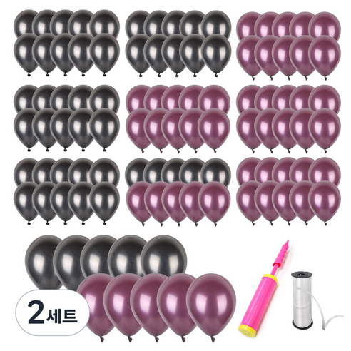 파티쇼 헬륨효과 네오 펄풍선 30cm 2종 x 50p + 손펌프 + 컬링리본 화이트 소 세트, 버건디, 블랙, 2세트