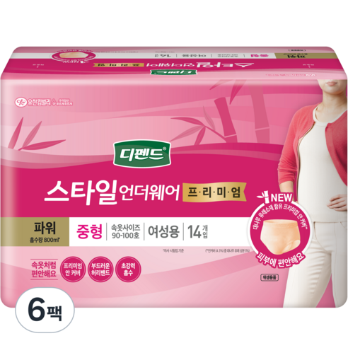 디펜드 여성용 프리미엄 스타일 언더웨어 파워 성인기저귀 중형, 14매입, 6팩