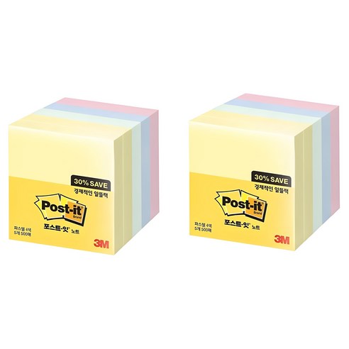 포스트잇 노트 알뜰팩 76 x 76mm 654-5A, 노랑 + 애플민트 + 크림블루 + 러블리핑크, 500개입, 2개