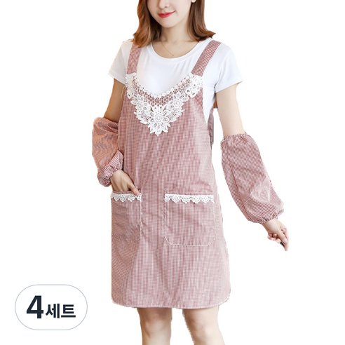 에이홉 간편한 장식 앞치마 + 팔토시, 레드, 4세트