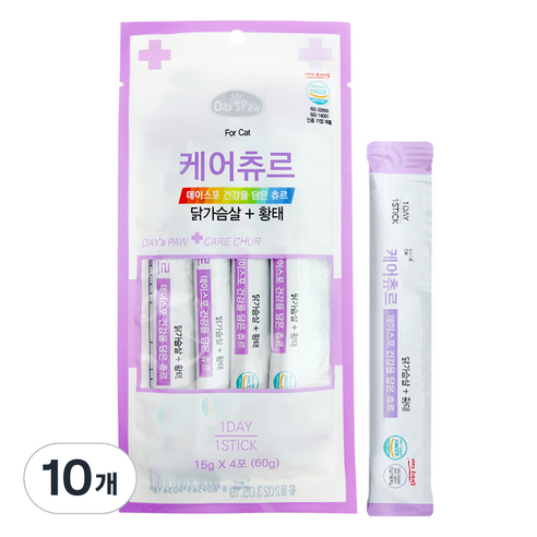 데이스포 고양이 케어츄르 짜먹는 간식 4p, 혼합맛(닭가슴살/황태), 60g, 10개