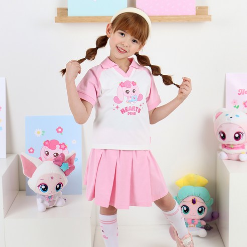 프리미에팜 여아용 캐치 티니핑 하츄핑 5부 카라티 플리츠 스커트 세트