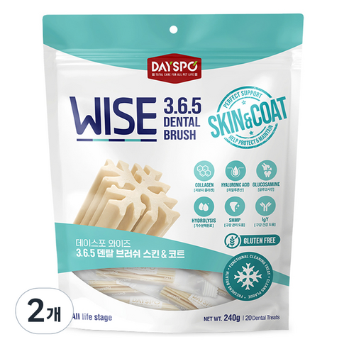 데이스포 와이즈 3 6 5 덴탈 브러쉬 강아지 덴탈껌, 2개, 240g, 스킨 앤 코트