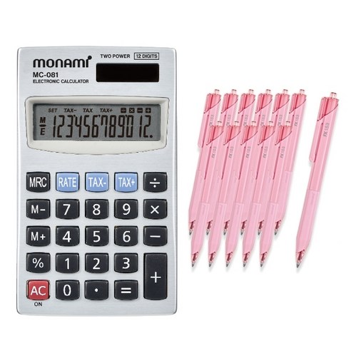 모나미 계산기 MC-081 + 볼펜 FX153 0.5mm 12p, 레드, 1개