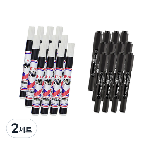 모나미 유성매직 둥근닙 12p + 트윈 매직 109 12p 세트, 블랙(유성매직), 블랙(트윈매직), 2세트