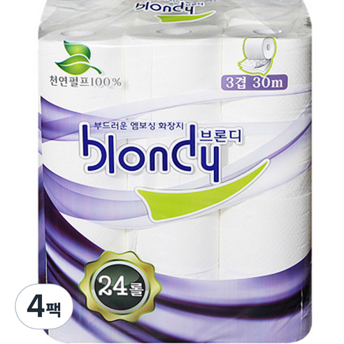 브론디 3겹 물에 녹는 고급 천연펄프 롤 화장지 30m, 24롤, 4팩