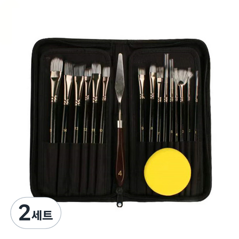 인마치 유화 캔버스 붓 15종 + 나이프 + 스폰지 + 파우치 세트 실버블랙, 2세트