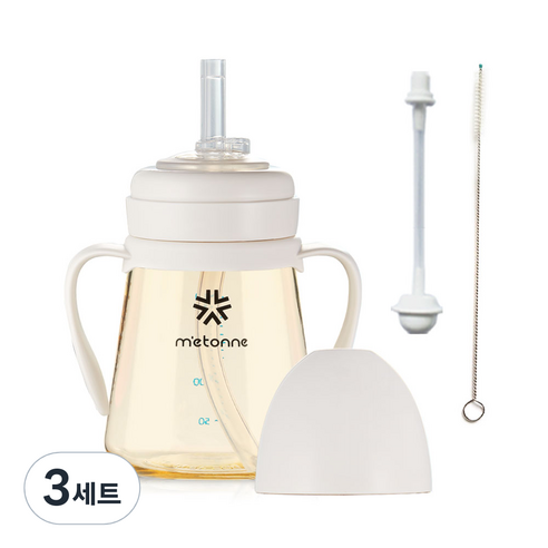 메똔느 PPSU NEW M3 빨대컵 200ml + 추 빨대 + 세척솔, 3세트, 아이보리