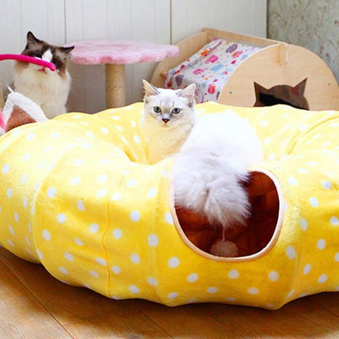 펫초이스 고양이 숨숨집 터널 방석, 옐로우, 1개