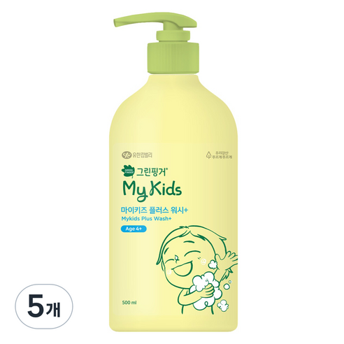 그린핑거 아동용 마이키즈 플러스 미세먼지 클렌징 저자극 워시 복숭아향, 5개, 500ml