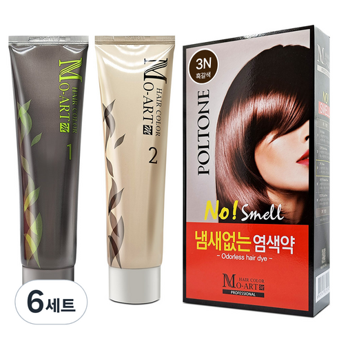 MOART 헤어컬러 새치 염모제 1제 + 2제 세트, 3N 흑갈색, 6개