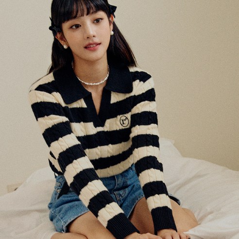 로라로라 여성용 COLLAR CHECK CABLE KNIT