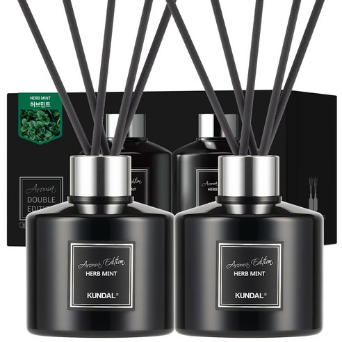 쿤달 퍼퓸 디퓨저 아로마 에디션 200ml 2개 + 섬유스틱 10개, 허브민트향, 1세트