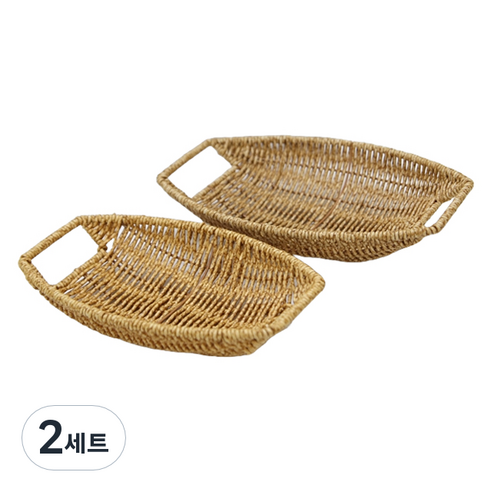 내일의공간 PP 라탄 타원형 손잡이 트레이 소형 + 대형 세트, 네츄럴, 2세트