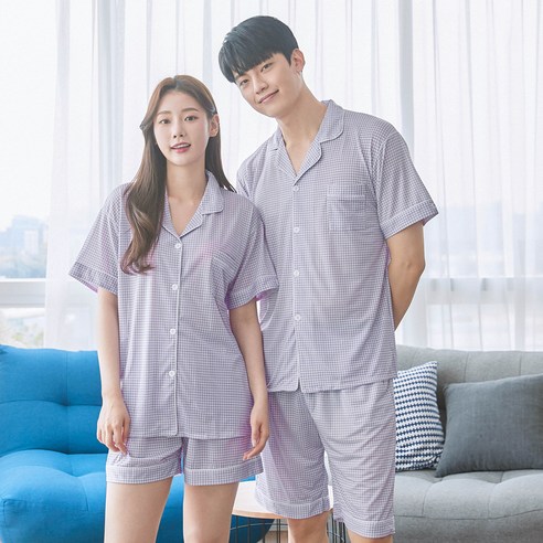 핑크존 모던체크 반팔 카라 커플잠옷 상하세트