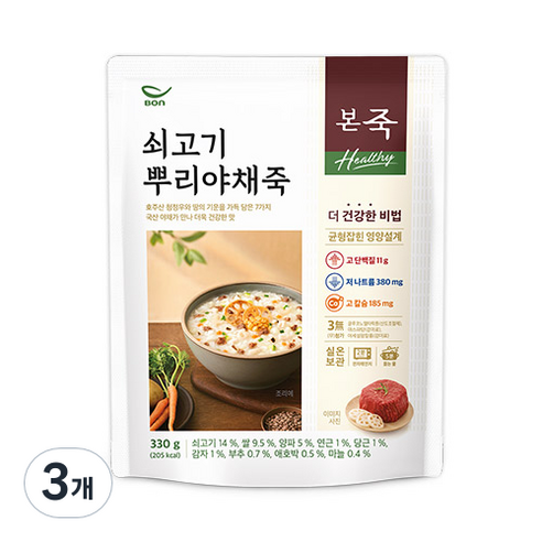 본죽 Healthy 쇠고기 뿌리 야채죽, 330g, 3개