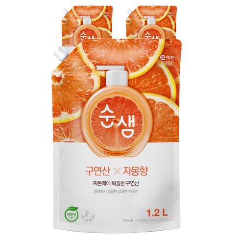 순샘 구연산 자몽 주방세제 리필, 1.2L, 3개
