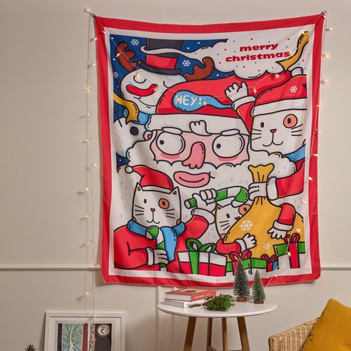 아스파시아 크리스마스 패브릭포스터 + LED 별전구 + 글자 가랜드, 카툰산타앤캣, 130 x 150 cm