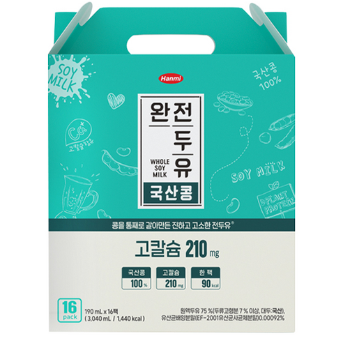 한미 완전두유 국산콩 고칼슘, 190ml, 16개 
유제품/아이스크림