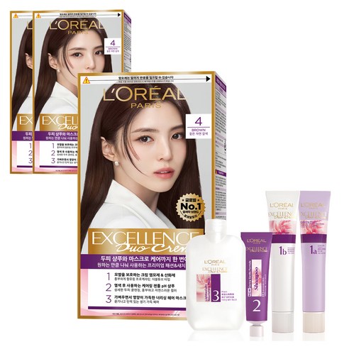 로레알파리 엑셀랑스 듀오크림 염모제, 4호 짙은 자연 갈색, 3개
