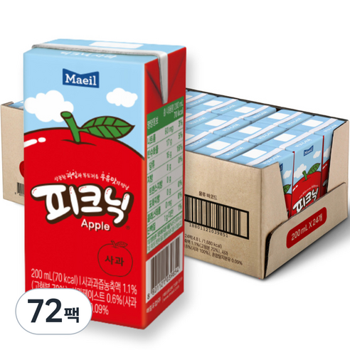 매일유업 피크닉 사과맛, 200ml, 72팩