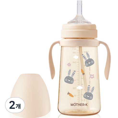 마더케이 유아용 베이직 PPSU 토끼 빨대컵 300ml, 2개, 크림