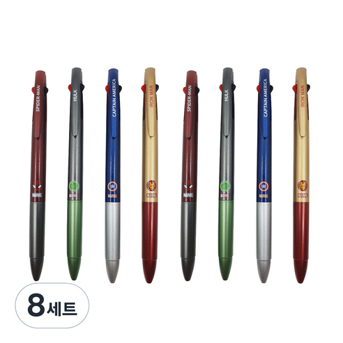   마블 Marvel 캐릭터 3색 볼펜 4종 0.7mm, 스파이더맨, 헐크, 캡틴아메리카, 아이언맨, 8세트