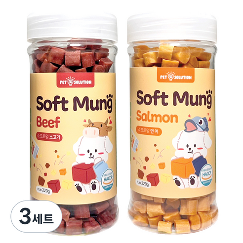 펫솔루션 강아지 소프트멍 수제져키 간식 220g x 2종 세트, 3세트, 소고기, 연어