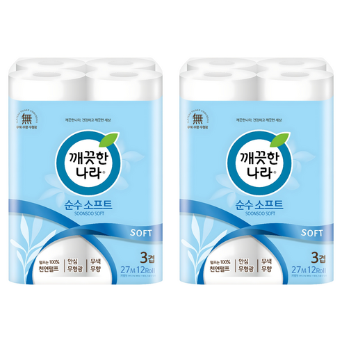 깨끗한나라 순수 소프트 천연펄프 3겹 고급롤화장지, 27m, 12개입, 2개