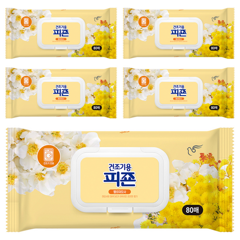 피죤 건조기용 오리지널 시트 섬유유연제 옐로미모사 본품, 80개입, 5개