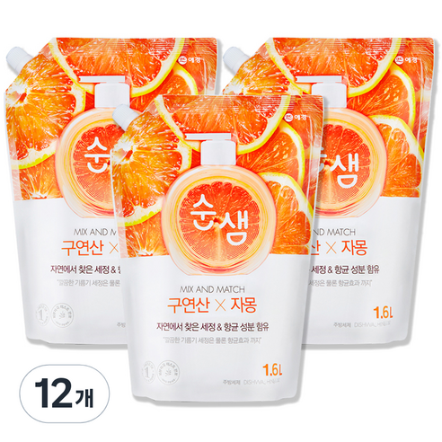 순샘 구연산 자몽 주방세제 리필, 1.6L, 12개