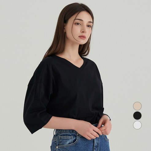 ELLE PARIS 여성용 통기성 오버핏 브이넥 7부 티셔츠