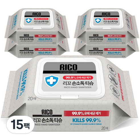 리꼬 손소독 물티슈 캡형, 20매, 15개