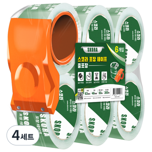 스코라 투명 테이프 중포장 50m 6p + 커터기 세트, 4세트