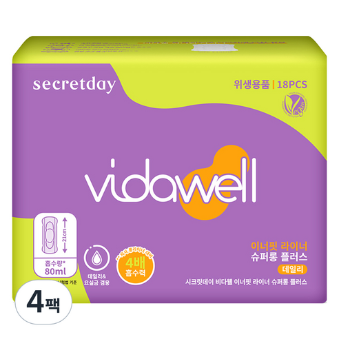 비다웰 시크릿데이 이너핏 라이너, 슈퍼롱플러스, 4세트, 18매입