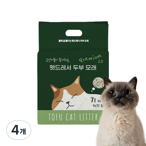 펫드레서 응고형 두부 고양이 모래 2mm, 7L, 4개, 녹차향
