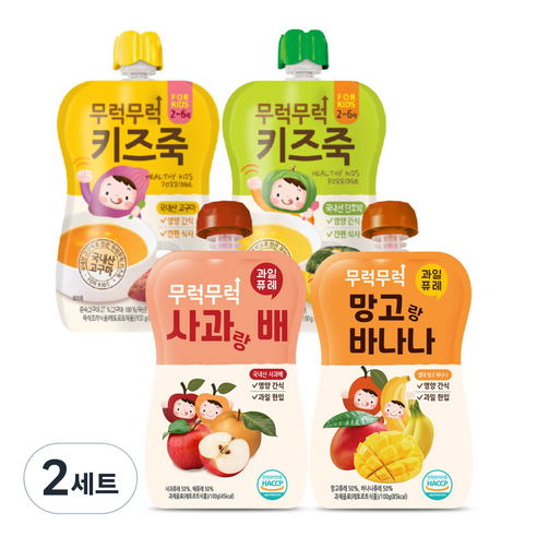 이유케어스 무럭무럭 키즈죽 100g x 2종 + 퓨레 100g x 2종 세트, 단호박,고구마,사과랑 배,망고랑 바나나, 2세트