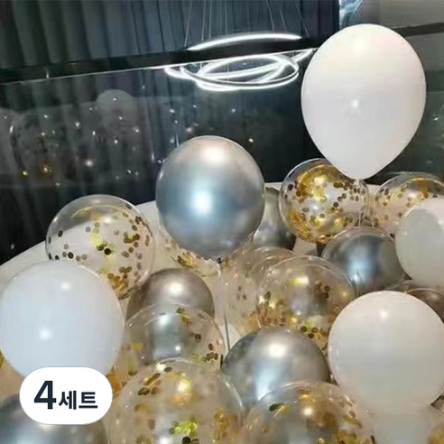 뷰라뷰 파티풍선 50p + 공기펌프 + 10m 리본 세트, 07 실버 + 화이트 + 골드스팽글(랜덤발송), 4세트