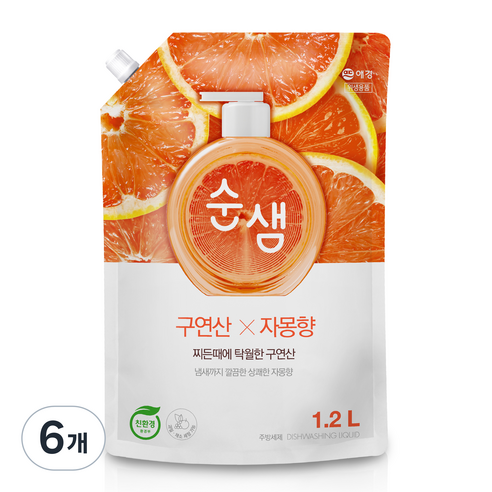 순샘 구연산 자몽 주방세제 리필, 1.2L, 6개