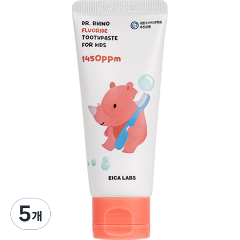 에이카랩스 어린이 고불소 빨간 코뿔소치약 사과향 1450ppm, 60g, 5개