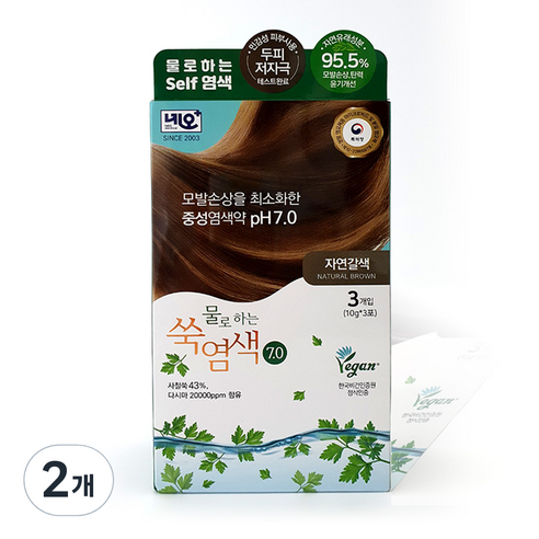 네오메디칼 자연유래 성분 산화제없는 물로하는 쑥염색약 7.0 3p, 자연갈색, 2개