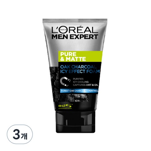 로레알파리 퓨어 앤 매트 오크 차콜 아이시 이펙트 폼, 폼 클렌저, 100ml, 3개