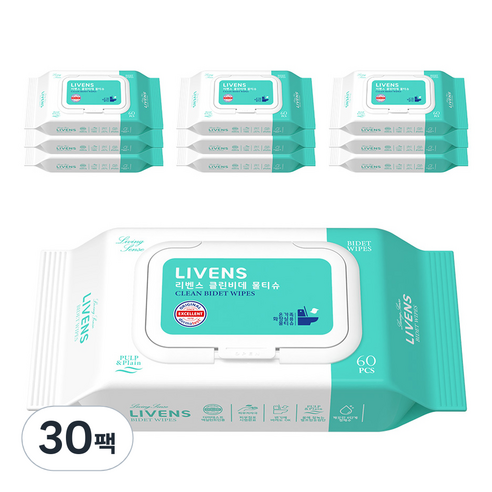 리벤스 소프트 클린 화장실 비데 물티슈 캡형, 55g, 60매, 30개
