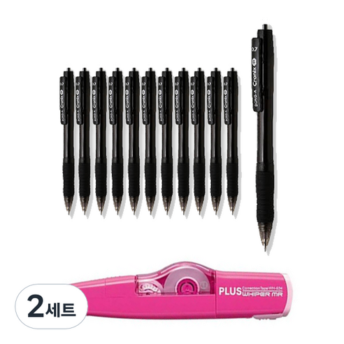동아 크로닉스 디엑스 하이브리드펜 0.7 12p + 플러스 수정테이프 랜덤발송 WH-635 세트, 올블랙, 2세트
